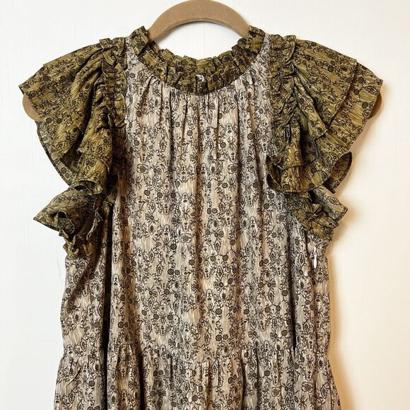 Aureum Sage Green Floral Tiered Ruffle Dress Sz S #AD1055 - Picture 2 of 11